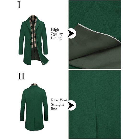 Men's Green Wool Blend Coat Plaid Scarfs Notched Collar Pea Coat Trench Overcoat - Picture 4 of 4
